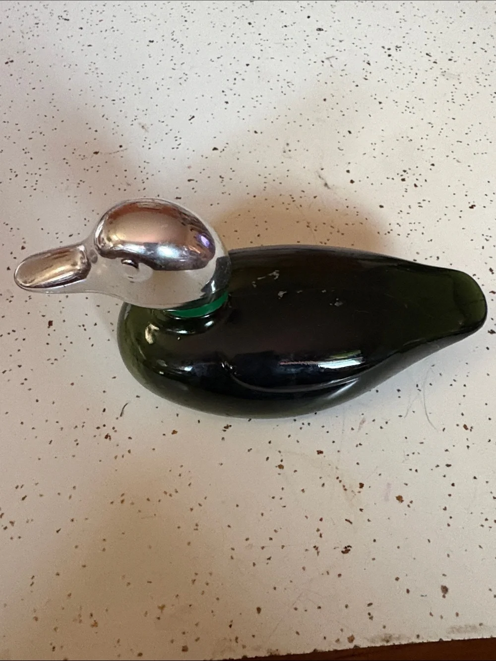 Glass Duck Figurine with Silver-Tone Head - Dark Green Body-Vintage